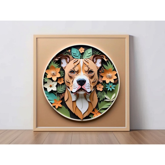 Pit Bull Terrier Papercut Art: 12x12 Red AmStaff Dog Pet Portrait Digital Print - Picture 1 of 7
